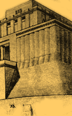 2e - Eridu mud brick-built temple-residence reconstruction; today's idea of how Enki's house looked tens of thousands of years ago, but without the silver