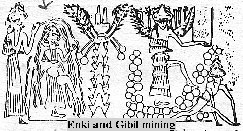 Enki & his son Gibil mining for gold, the Anunnaki came to Earth looking to cure their planet's atmospheric tares, using the Earth's gold on their planet for the repairs badly needed, damaged by global wars from creating a global One-World-Order 
