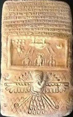 9a - King Anu inside his winged sky-disc / flying saucer, & their helper Grey aliens looking on; earthlings are far from being alone in ancient days