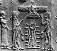 10e - Ninhursag, Enki in wet suit, King Anu above inside his winged sky-disc / flying saucer, & Abgal wearing his Fish's Suit, plus the Tree of Life; ancient scene with Abgal & Enki in alien wet suit worn while swimming to shore in today's Iraq