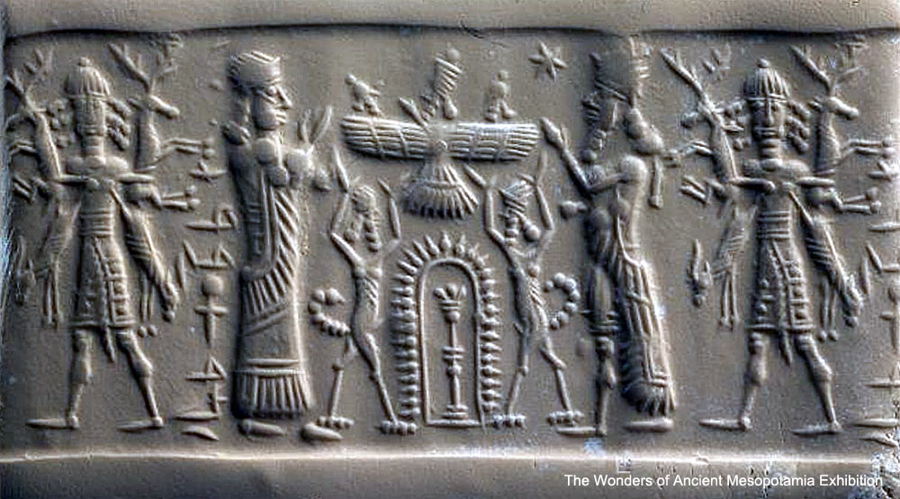 11c - semi-divine giant king, Ninhursag with (3) Enlil, King Anu, & Enki hovering inside their winged sky-disc / flying saucer, & Ninurta; the top 5 members of the Royal Family from Nibiru