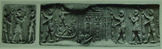 4ca - Enki's temple dock on the Euphrates River bank in Eridu; artifact depicts semi-divines decorating Enki's residence