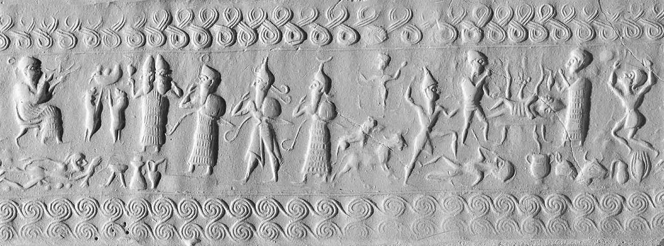 32a - a rare artifact with unidentified, Isimud, semi-divine king on temple, Utu, Nannar, & naked Inanna; Utu on top of earthling, & medical help given