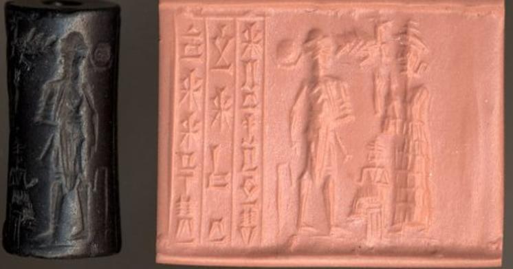 14 - semi-divine king, his spouse goddess Inanna seated in background, & Ninsun; this scene was so important that they made an artifact to tell the story for history, & for all time, these artifacts 