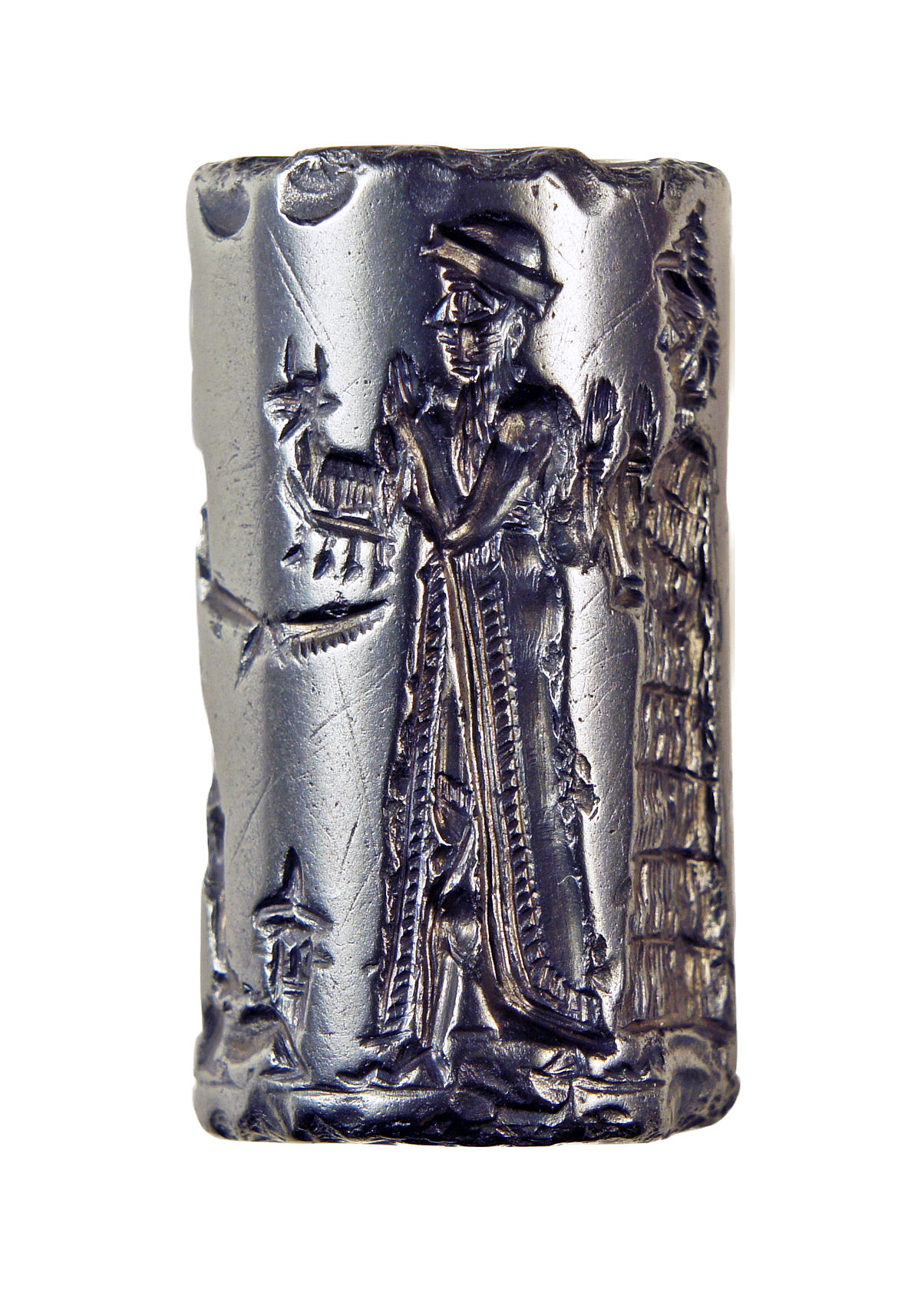 19 - seal of a semi-divine son to goddess Ninsun, & Ninsun; a seal is a shaped stone reverse carved with an ancient scene meant to last for all time