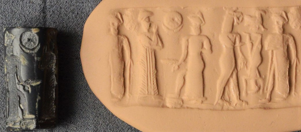 24 - Nannar, Utu, Lamatsu with earthling held upside-down, & Ninurta; gods gave instructions to kings who passed them on to the earthlings; disloyalty could result in death