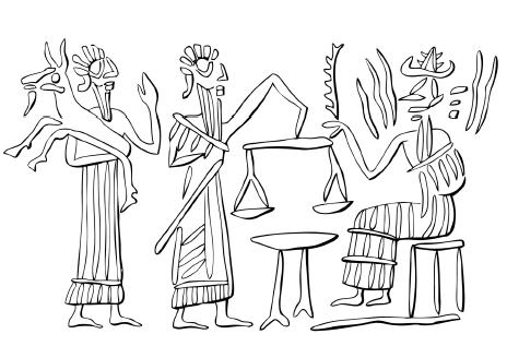 2f - semi-divine brings dinner to Utu's delight, Utu with the scales of justice, god of Laws & Justice; the gods ate beef, but lamb was their favorite