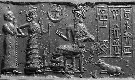 32 - triad symbol of Nannar's family, Nannar's Moon crescent, Utu's Sun disc, & Inanna's 8-pointed star symbols in one; Inanna presents a semi-divine mixed-breed descendant high-priest to Nannar for his blessing on marriage & making him king of Ur