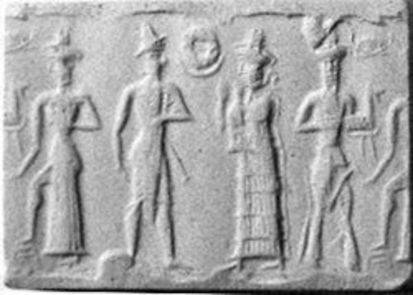 35 - faded Nannar's Moon crescent & Utu's Sun disc symbols; Utu, king, Ninsun, & Enkidu with dinner