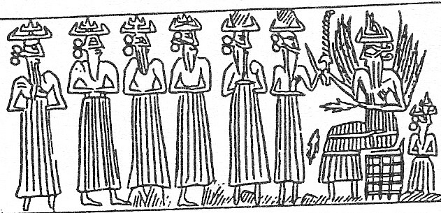 5 unidentified gods, scribe Nabu, Utu with rock-saw, & Enlil, the gods Commander in background; hundreds of Anunnaki gods came down to Earth & stayed