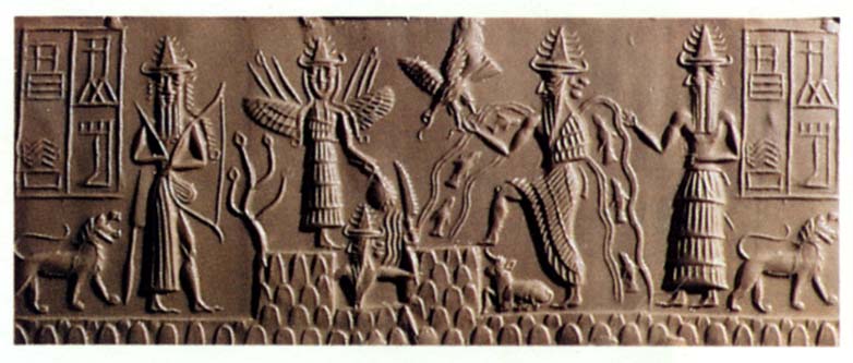 7 - Enlil, Inanna, Utu, Enki, & Isimud; ancient scene so important that an artifact was made of it to last a very long time