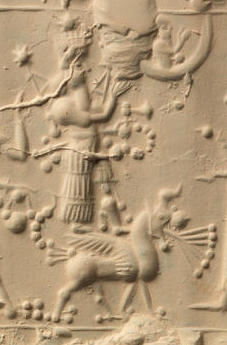 1s - Ninurta riding his fire-spitting winged storm beast, & Moon god brother Nannar above in his Moon shaped sky-disc / flying saucer; the Moon god Nannar is the "Man in the Moon"