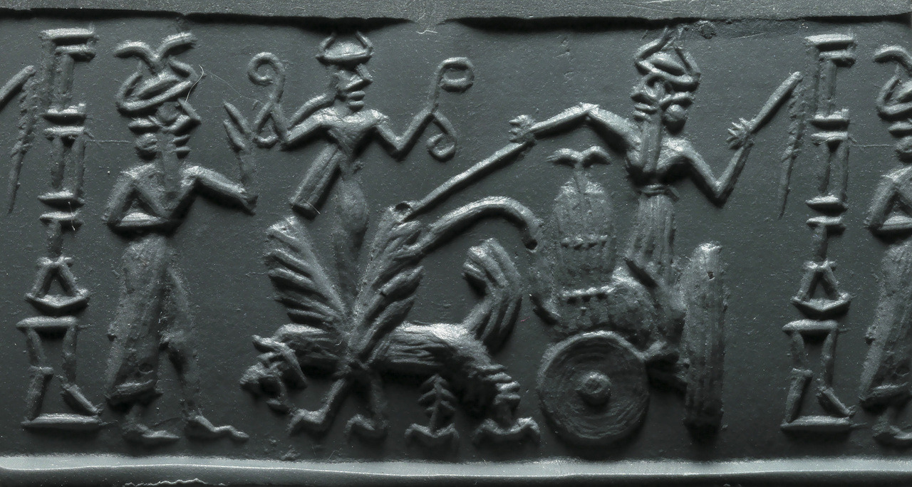 2d - Ashur, Inanna, & Ninurta in sky-chariot with his double-headed eagle & winged beast symbols; the fire-spitting winged beast depicted is a flying saucer fully weaponized, his flying chariot / saucer has Ninurta's double-eagle symbol