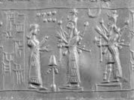 3e - Ninhursag, her warrior son Ninurta, & warrior god Adad, both sons to Commander Enlil; ancient scene so important that this artifact was fashioned to preserve it for all time