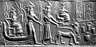 4g - Enlil with plow on board ship, Nuska guides the ship, while Ninurta brings a beast ashore & his spouse Bau seated waiting with her guard dog 