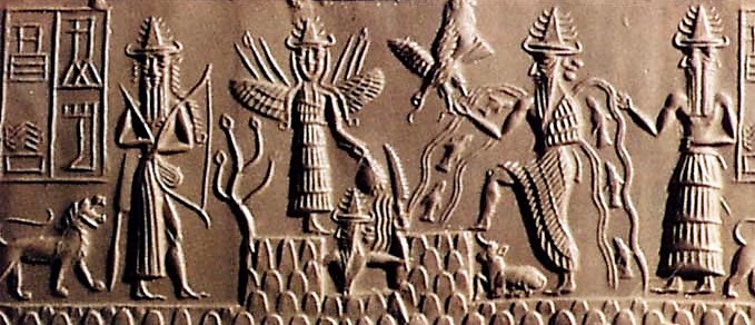 5a - Enlil with bow, winged pilot Inanna & twin Utu with his rock saw, Enki gushing waters of life & his 2-faced vizier Isimud; scene shows Utu cutting the mountains while Enki brings forth the waters; cylinder of Adda; 