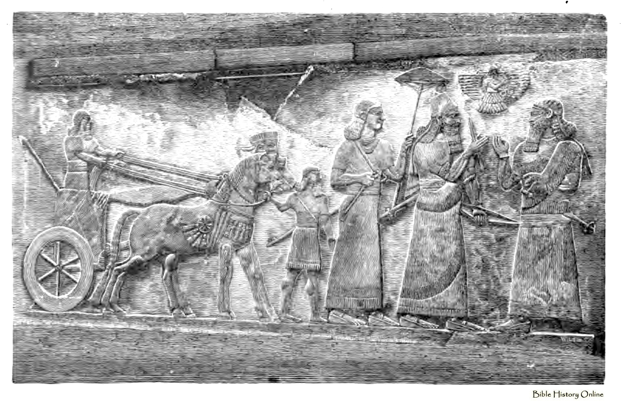 14r - Ashur flying above assyrian King Ashurnasirpal II, semi-divine giant being protected by the gods above in their sky-discs