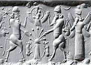 4e - Enki in his sky-disc / flying saucer, 2 unidentified bull-gods, & winged pilot Marduk standing upon the Earth 