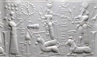 8 - Ninhursag, Ninurta, & Adad, with Utu above in his Sun sky-disc; / flying saucer; Ninhursag again warns son Ninurta & nephew Adad against war 