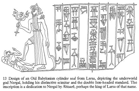 7 - Nergal holding scimitar, alien weaponry; artifact from Larsa