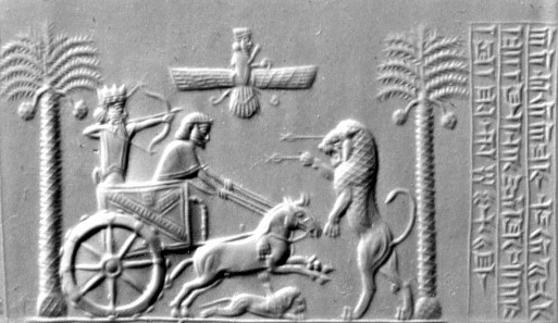 17aaa - semi-divine giant Persian king hunting lions, protected from above by alien god Ashur