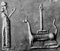 31 - Nabu stands reverently before father Marduk's long stage Rocket atop Mushhushu symbols