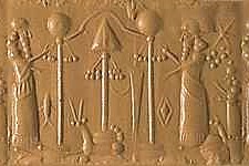 3b - Marduk's Spade-Rocket atop his ziggurat, & Mushhushshu symbols between Enki, Marduk, & Nabu in background