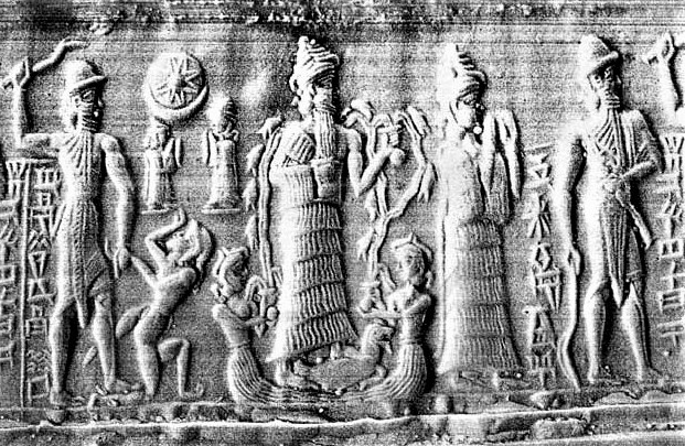 14 - Utu smites earthling, Enki & 2 daughters below, Ninsun & Nannar