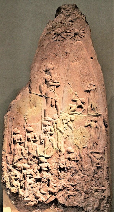 4d - giant semi-divine King Narran-Sin in battle scene with alien landed shem