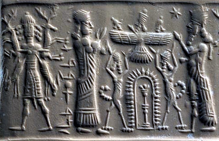 3a - giant mixed-breed king with dinner offering, Ninhursag, plus Enlil, Anu, & Enki in Anu's sky-disc, & Ninurta on land; the top of the Royal Family from Nibiru; only a giant could catch & carry hundreds of pounds of animals all at once