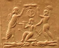 22 - Marduk in his sky-disc below another winged sky-disc, over a deadly battle scene