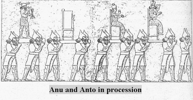 1e - Adad, Shala, & Inanna in procession in Uruk, the gods were observed by earthlings only during rare situations, like processions of gods entering the gates or parading down main street during religious  celebrations