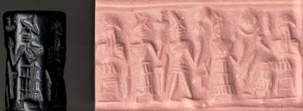 65 - 2 unidentified gods, semi-divine king, Ninsun, & Nannar seated; these artifacts represent actual important scenes in history from ancient Mesopotamia, many of their meanings are now lost 