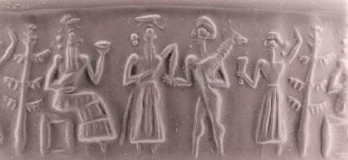 16k - Nannar, son Utu brings semi-divine king before his father Nannar, & unidentified off to the side