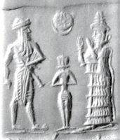2ca - semi-divine king with legs exposed, naked Goddess of Love Inanna in background, & goddess Ninsun in long robe; Ninsun is identified by her pose of praise 