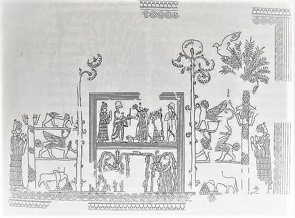 8cc - Ninsun, her semi-divine son-king, Inanna with foot on a lion, & 2 unidentified; we don't know how many semi-divine kings Inanna espoused, nor how long it went on 