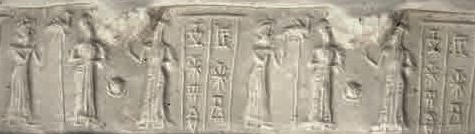 8f - Ninsun with her semi-divine son stand before Inanna; Nannar's Moon crescent & Utu's Sun symbols low in the sky indicating dusk or dawn for the time of the scene