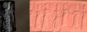 9i - Ninsun, semi-divine king, Utu, Ningal, Nannar; ancient historical scene with semi-divine king is in the presence of many gods , a time when they walked together