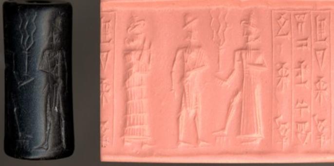 10 - goddess Ninsun, a semi-divine king, & Adad with his fork lightning symbol; a time long forgotten when the gods walked & talked with the semi-divine on Earth