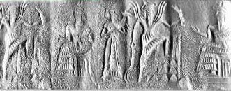 66 - Aia with dinner offering, & spouse Utu come before grandfather Enlil in Nippur, in Enlil's Command Center ziggurat residence