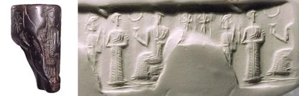 68 - goddess Ninsun, semi-divine king, & Nannar seated on his throne, the patron god over Ur & its kings, high-priests, ziggurat residences, etc.